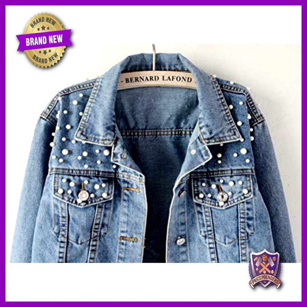 Oversized Denim Jacket Embroidered Pearl Beading Distressed Boyfriend Fit - Picture 4 of 7